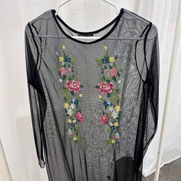 Floral Embroidered Black Mesh Dress - Picture 2 of 6